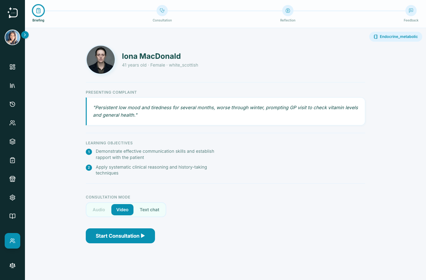 Scenario briefing page showing learning objectives, resources, consultation mode, and Start Consultation.