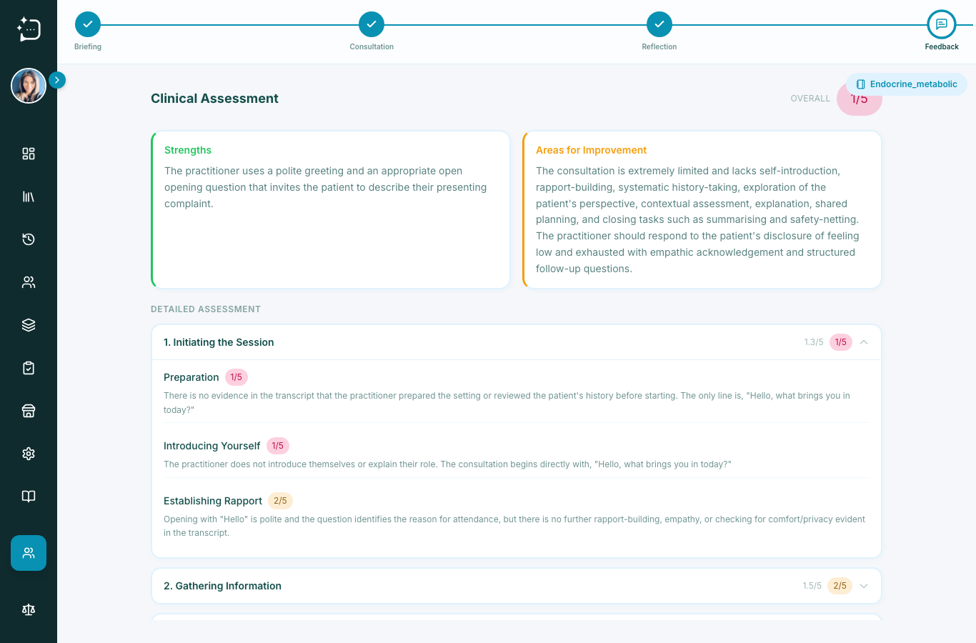 Feedback screen showing structured assessment after a consultation.