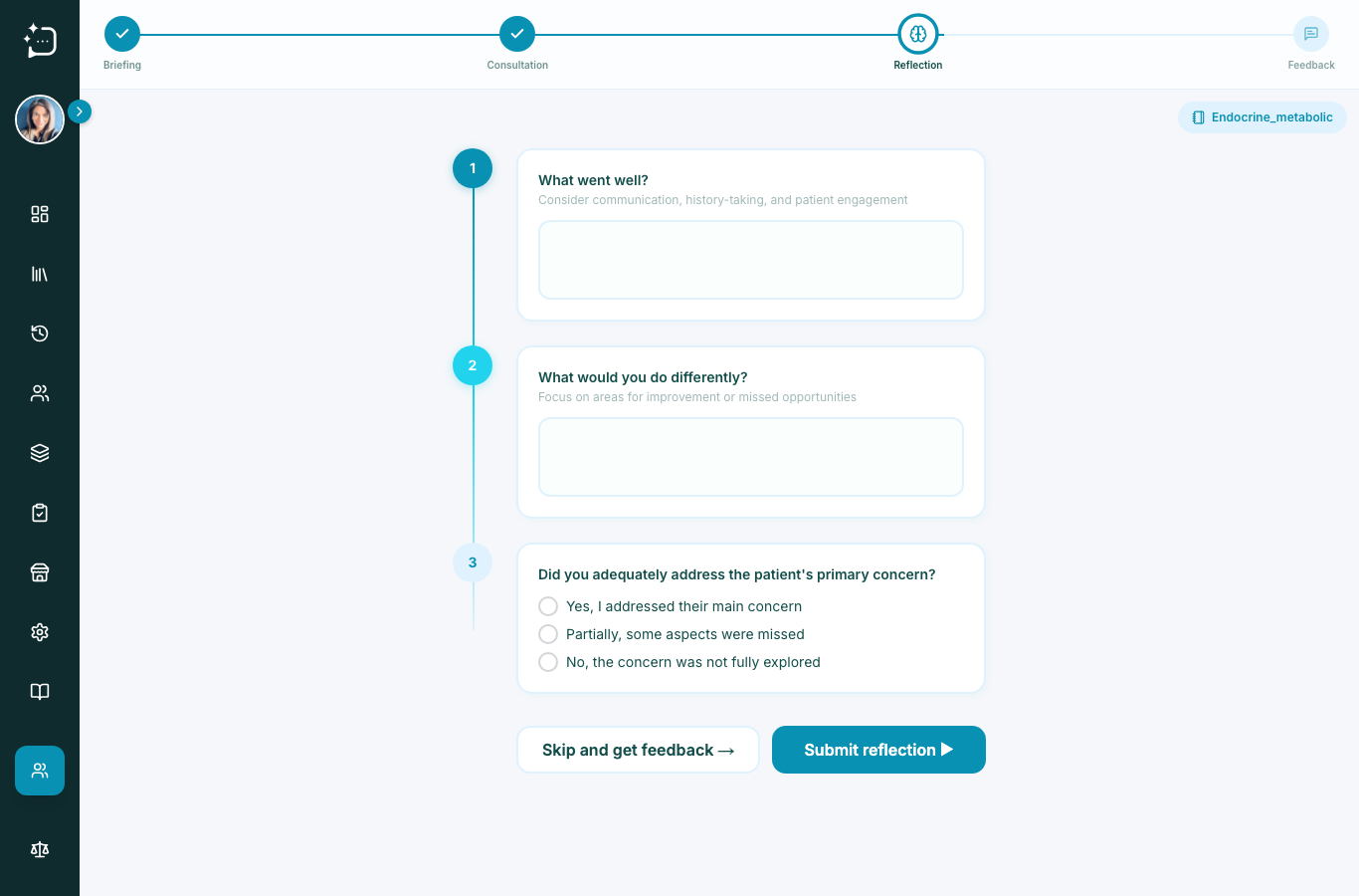 Reflection step with prompts asking what went well and what could be improved.