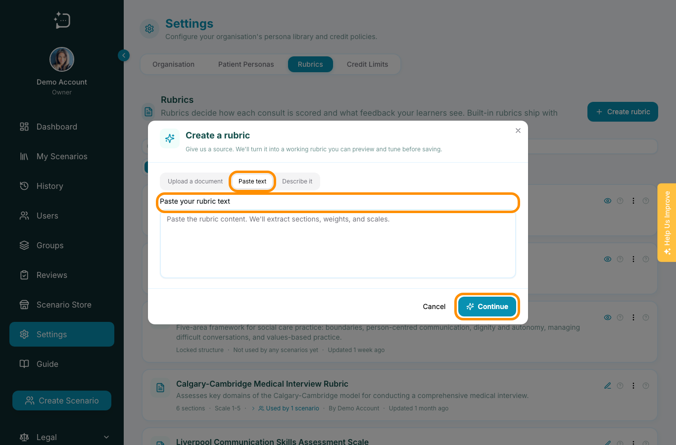 Create rubric modal showing the Paste text option.
