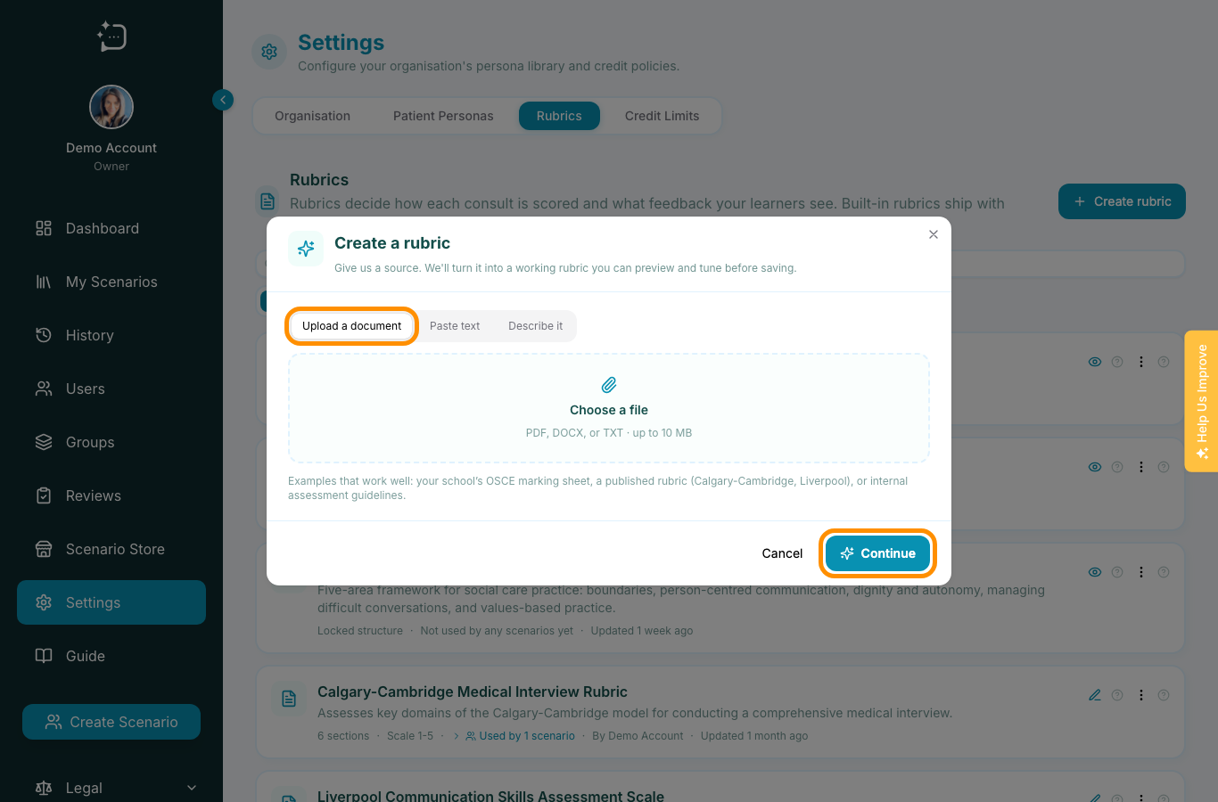 Create rubric modal showing the Upload a document option.