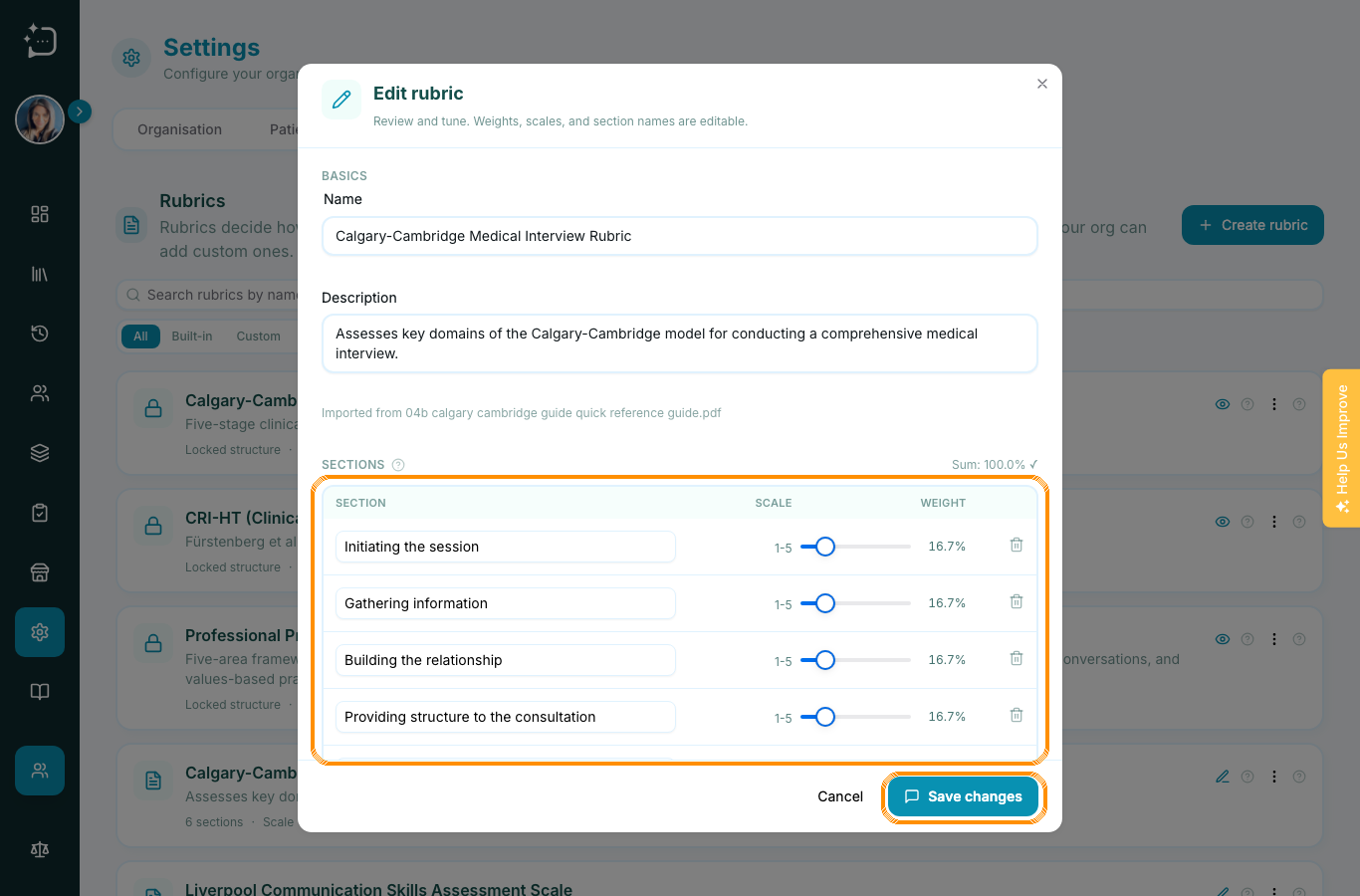 Custom rubric editor showing editable sections, rating scales, section weights, and Save changes.