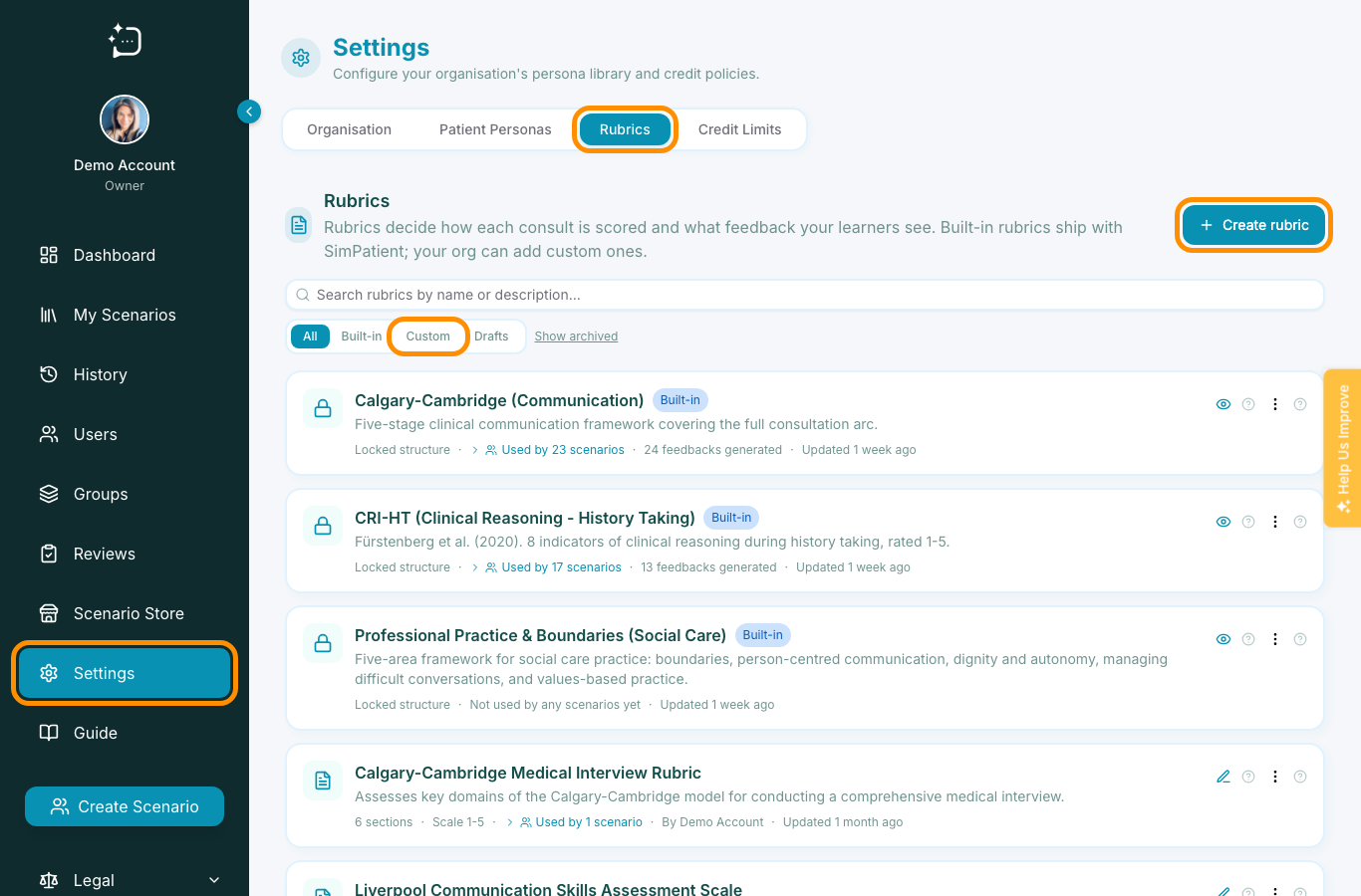 Settings Rubrics tab with Settings, Rubrics, Custom filter, and Create rubric highlighted.