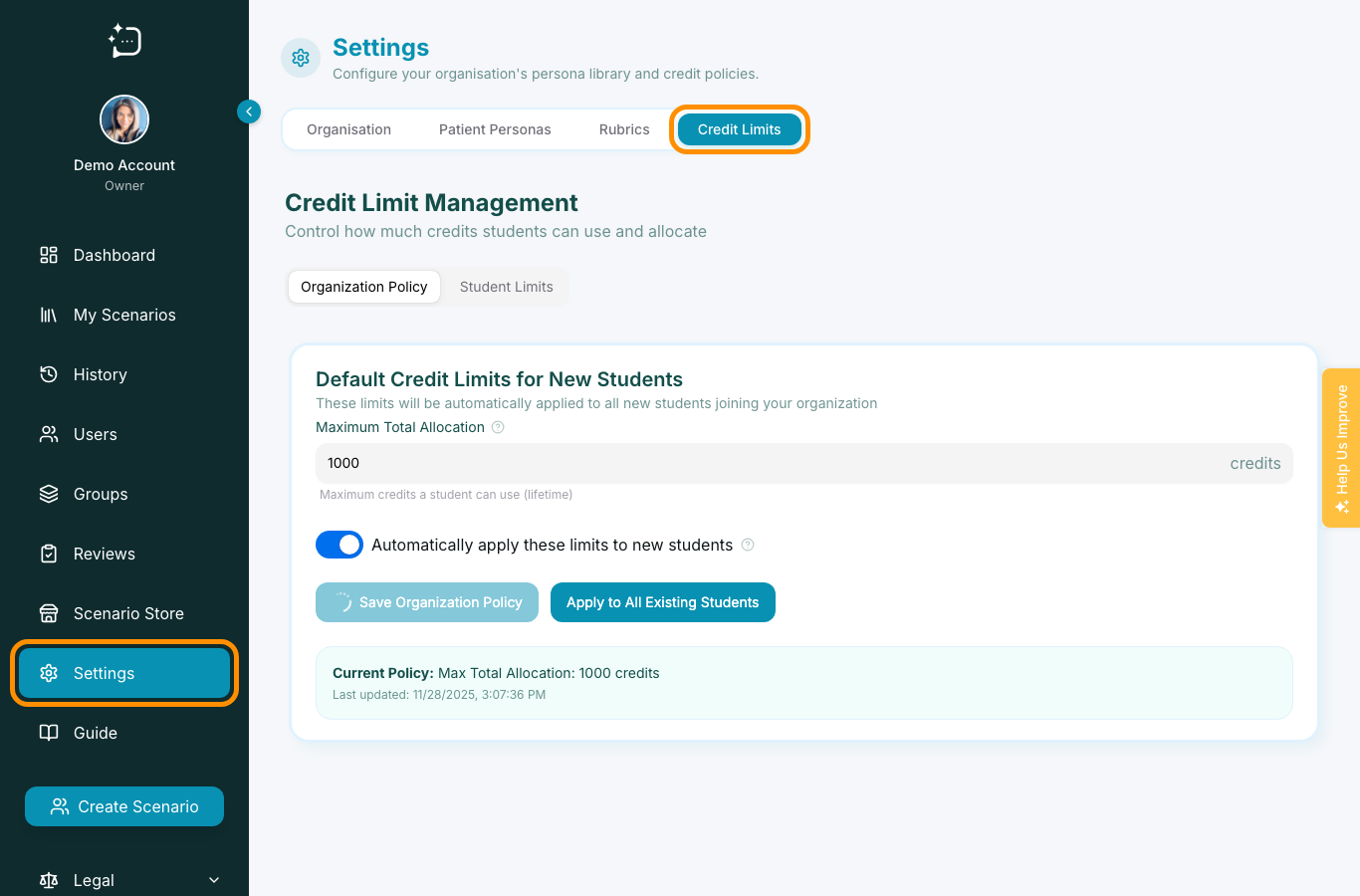 Organisation overview used to review usage and credits.