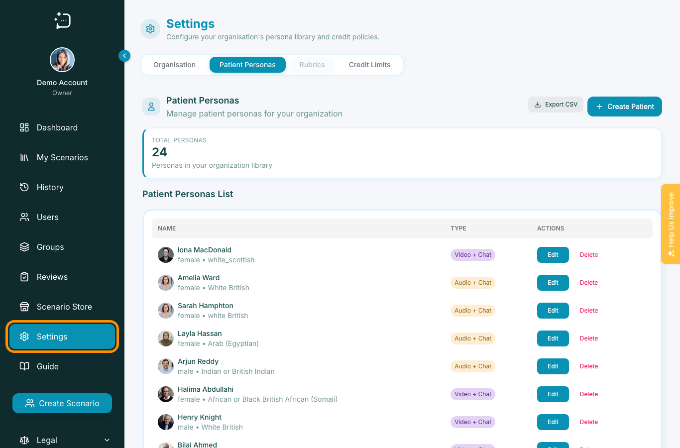 Settings admin centre tabs for Organisation, Patient Personas, Rubrics, and Credit Limits.