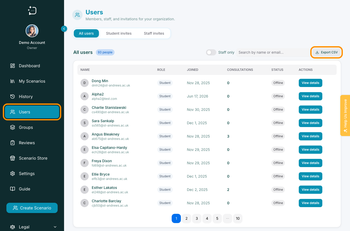 Users admin centre with member list, staff filter, search, and invite tabs.