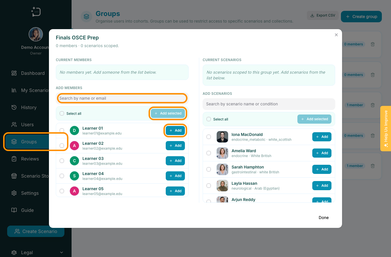 Existing group modal showing add members search, Add selected, and Add buttons.