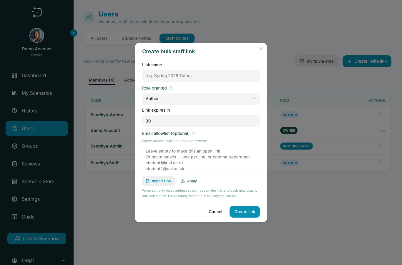 Create bulk staff link form with invite name, staff role, expiry, and email allowlist.