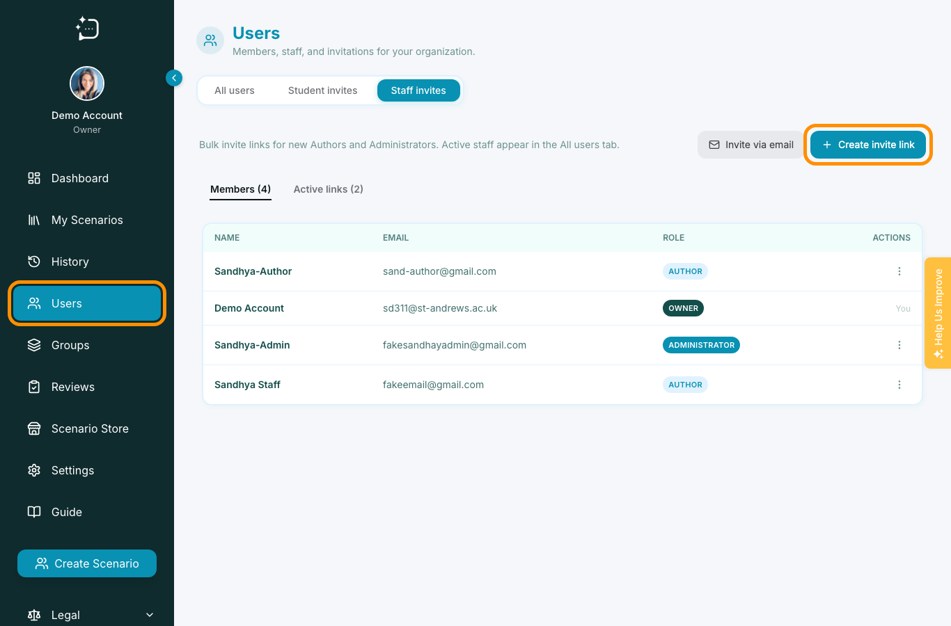 Users admin centre showing the Staff invites tab and staff invite links.