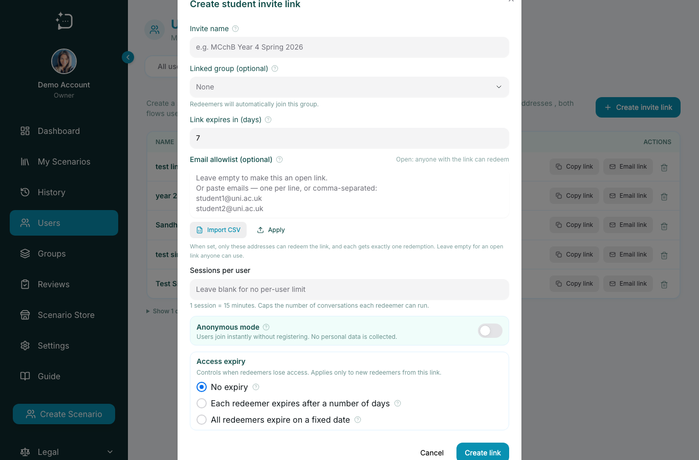 Create student invite link form with invite name, group, email allowlist, expiry, session limits, anonymous mode, and access expiry.