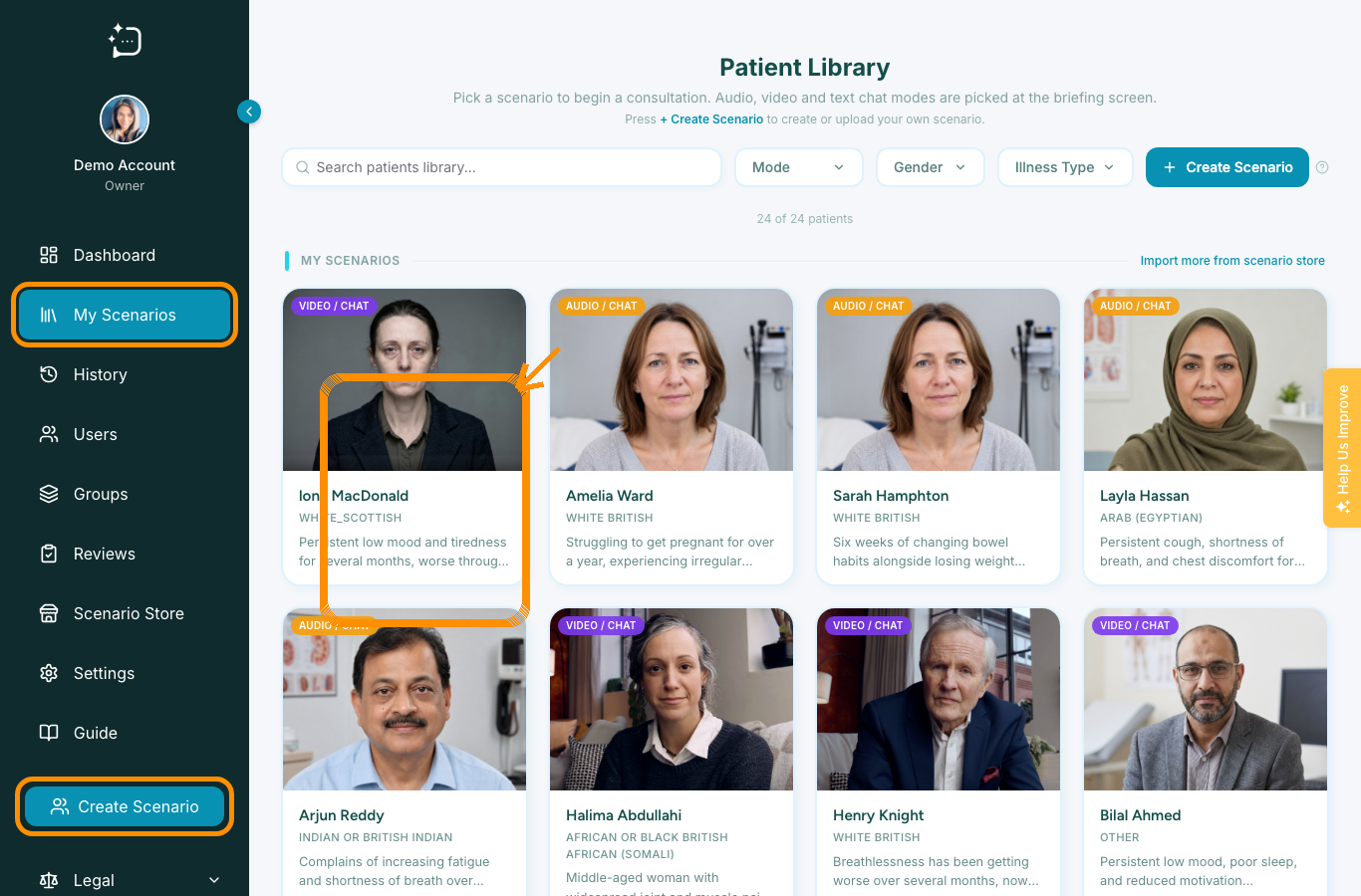 Patient library with My Scenarios highlighted and a patient card selected.