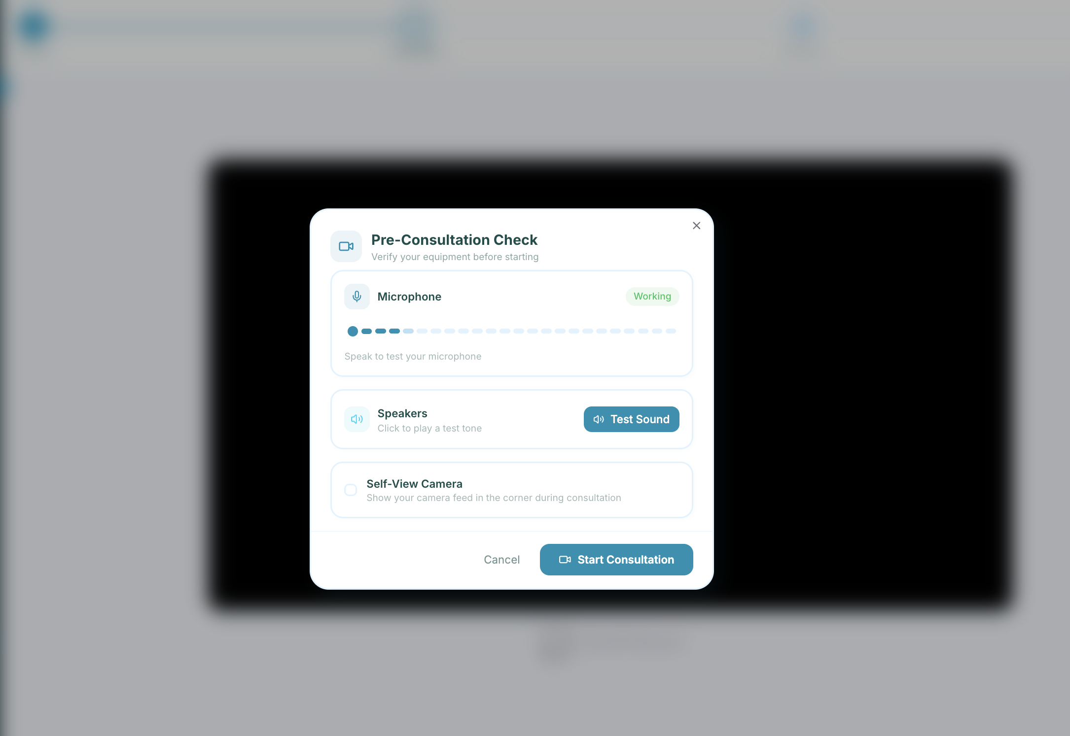 Pre-consultation check modal showing microphone status, speaker test, self-view camera option, and Start Consultation button.