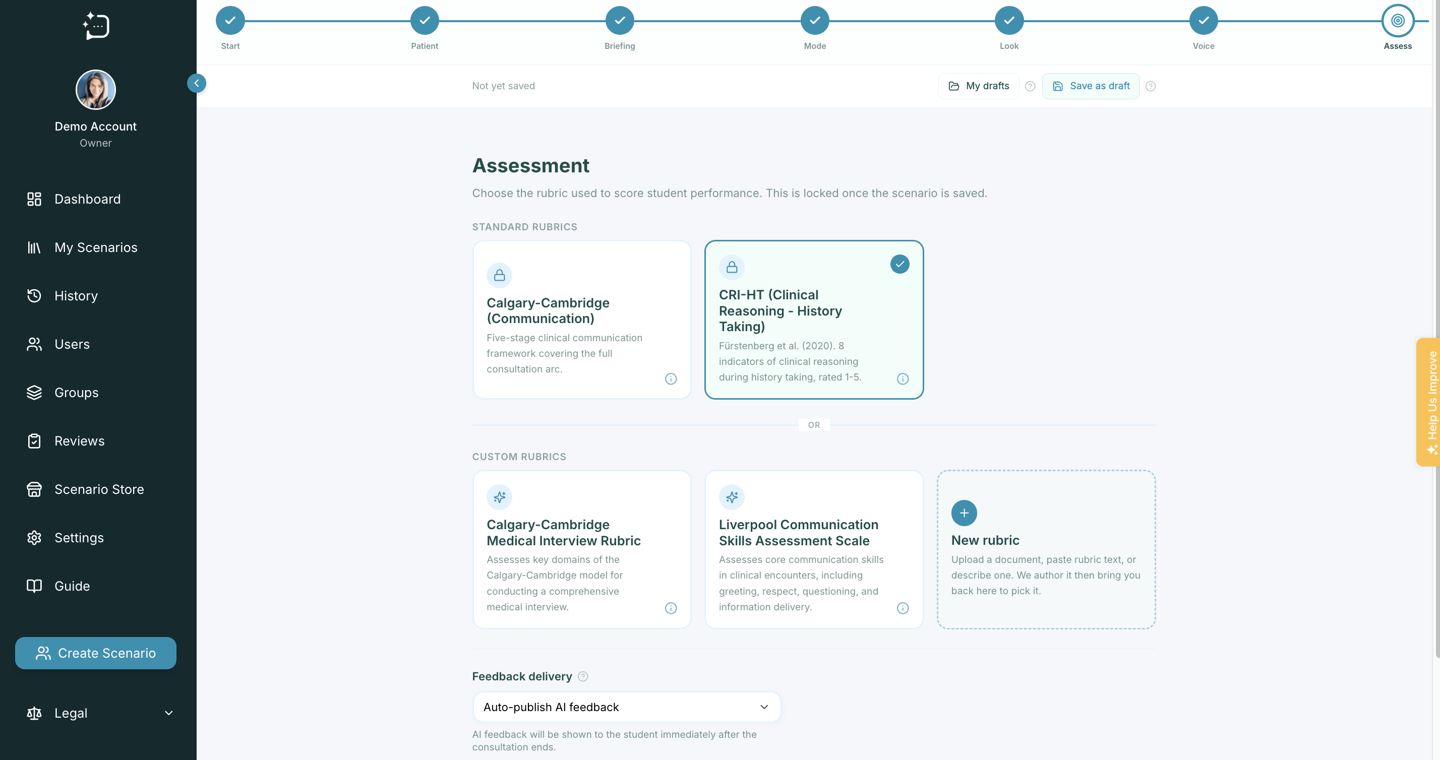 Assessment step showing standard rubrics, custom rubrics, and feedback delivery options.