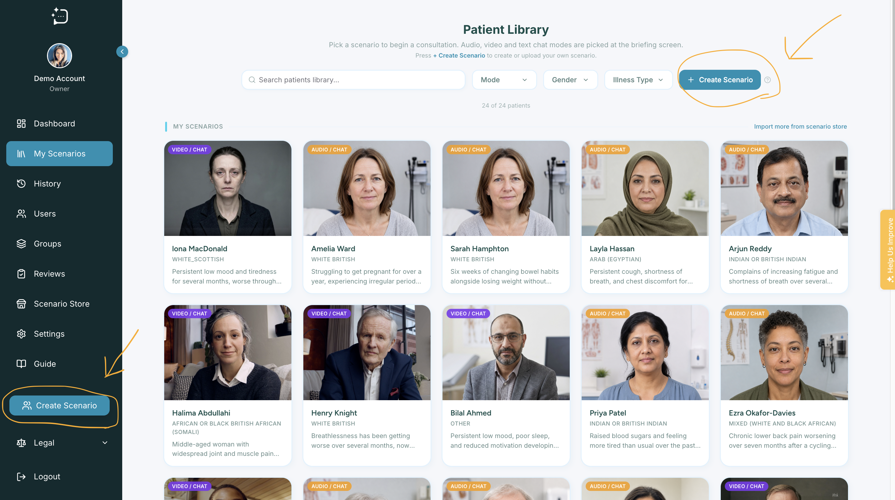 Patient Library with both Create Scenario entry points highlighted.