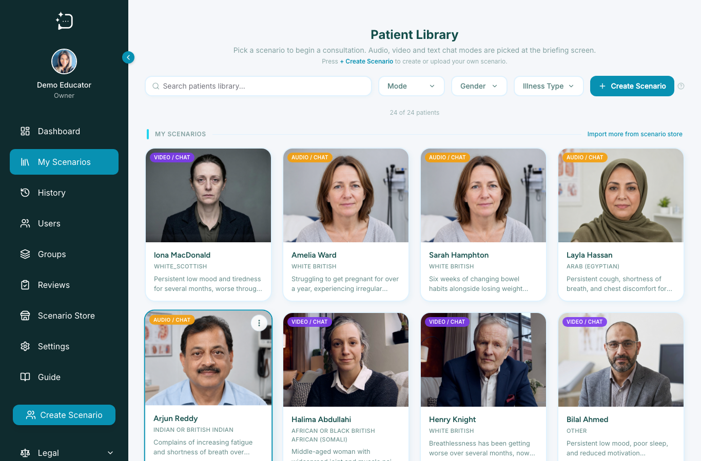 A patient library screen used as a practical reference for scenario terminology.